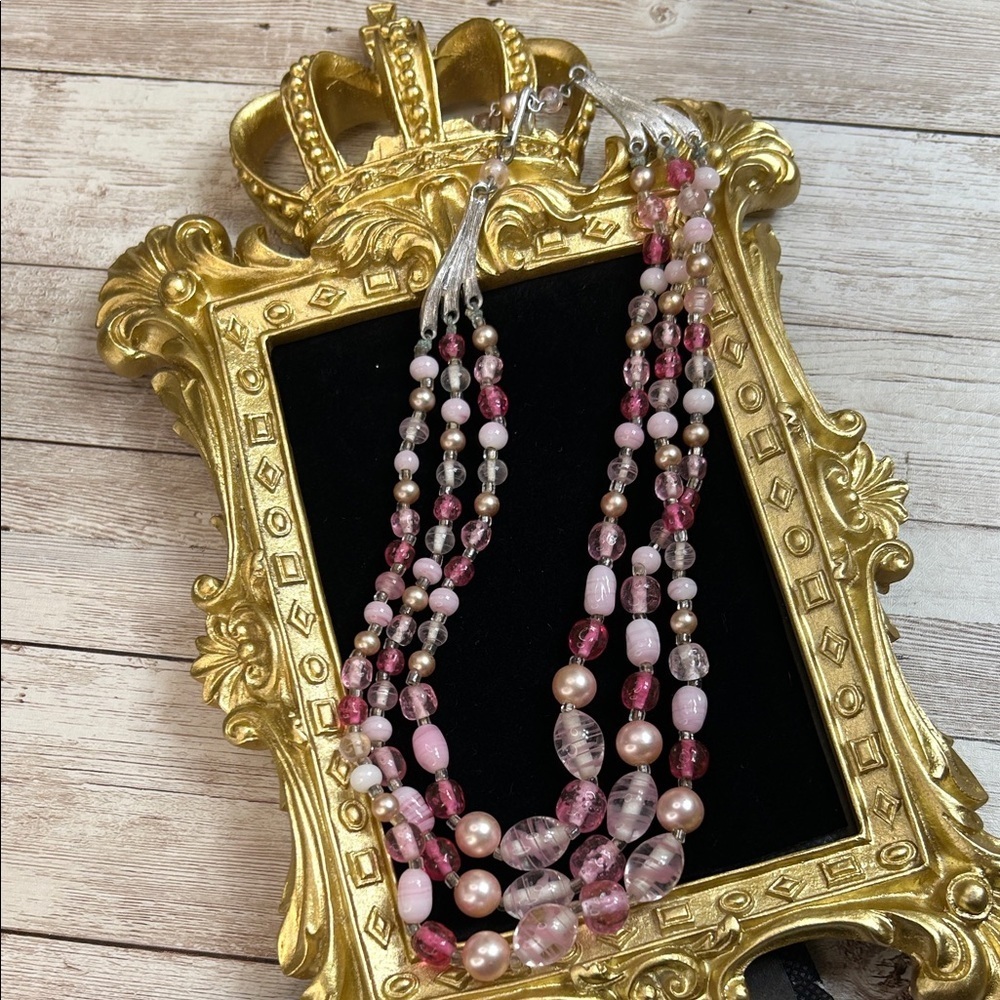 Vintage Japan Pink Glass and Champagne and Pink Faux Pearl Beaded Necklace - Picture 2 of 8